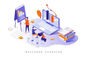 business-training-concept-in-3d-isometric-design-employees-learning-at-coach-lecture-mentoring-and-consulting-career-development-web-template-with-people-scene-illustration-for-webpage-vector